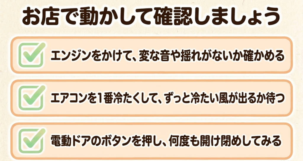 販売店でエンジンの異音と揺れ、エアコンの冷風、電動スライドドアの開閉を実際に確認するチェックリスト