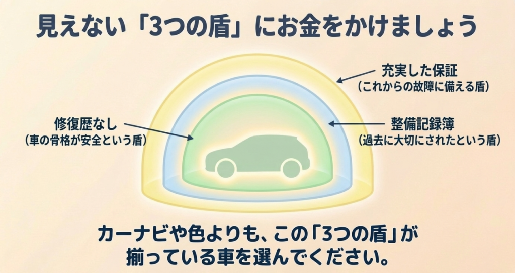 N-BOX中古車選びで重視したい修復歴なし、整備記録簿、充実した保証の3条件を盾に見立てた図