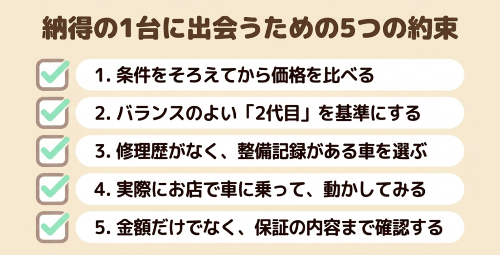 条件を揃えた価格比較、2代目を基準にした検討、修復歴と整備記録、試乗、保証確認の5項目