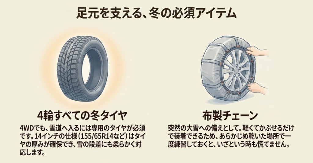 N-BOXで雪道を走る際に四輪すべてへ冬タイヤを装着することと、突然の大雪に備える布製タイヤチェーンを示す図