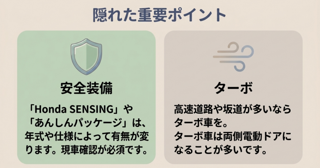 中古N-BOXではHonda SENSINGなどの安全装備とターボの有無を年式や仕様ごとに確認することを示す図